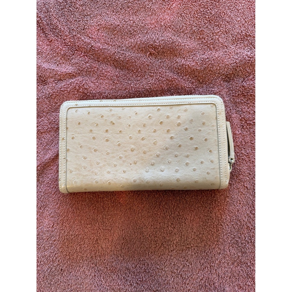 Halogen Beige Ostrich Embossed Leather Zip Around Continental Wallet Organizer